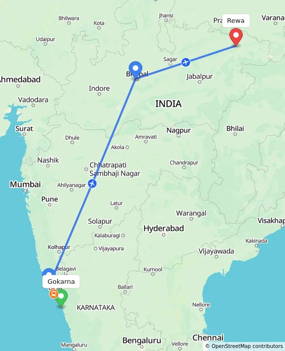Route map showing distance and travel time from Gokarna, India to Rewa, India