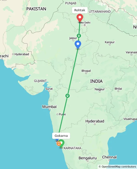 Route map showing distance and travel time from Gokarna, India to Rohtak, India