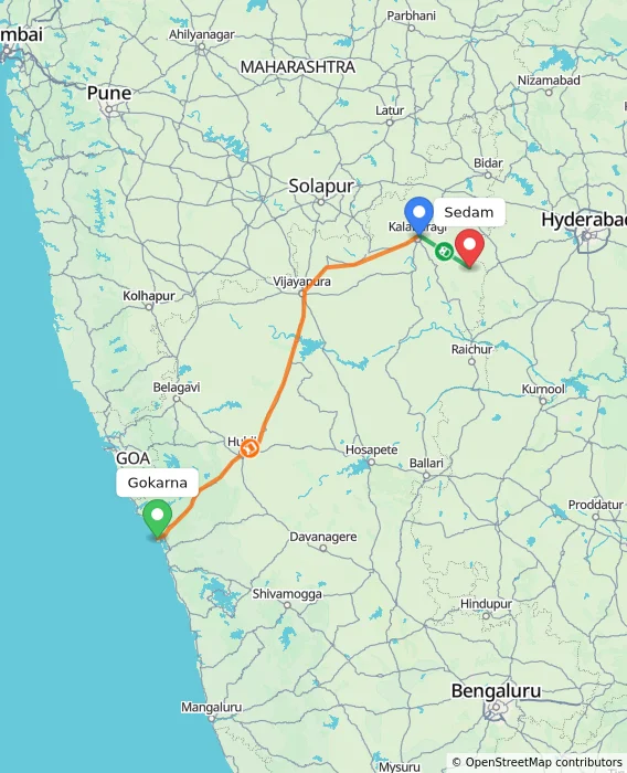 Route map showing distance and travel time from Gokarna, India to Sedam, India