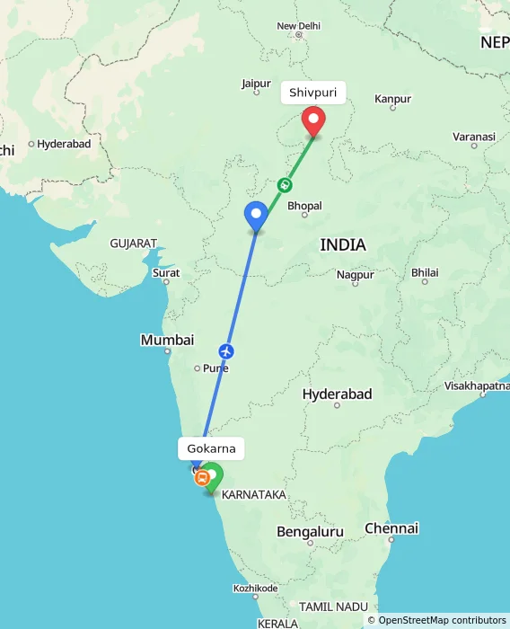 Route map showing distance and travel time from Gokarna, India to Shivpuri, India