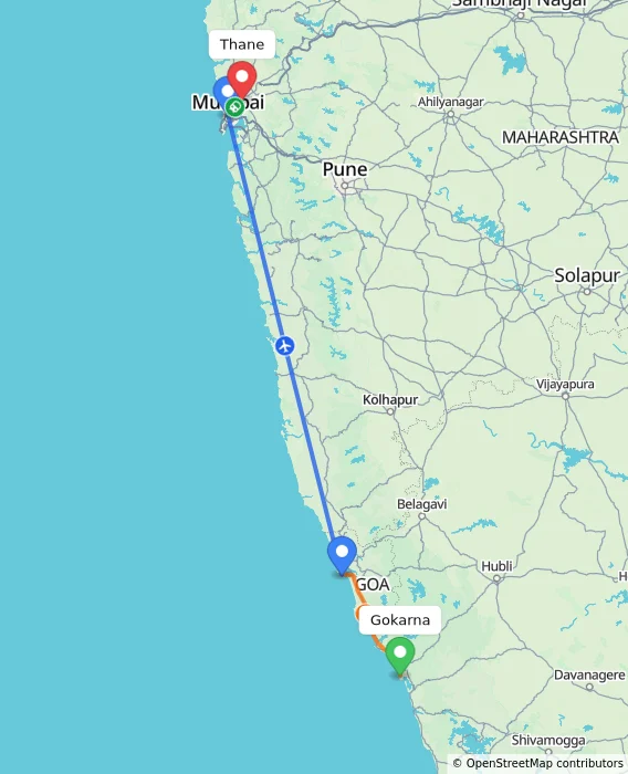 Route map showing distance and travel time from Gokarna, India to Thane, India