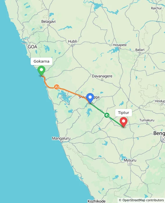 Route map showing distance and travel time from Gokarna, India to Tiptur, India