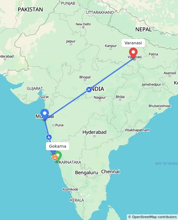 Route map showing distance and travel time from Gokarna, India to Varanasi, India