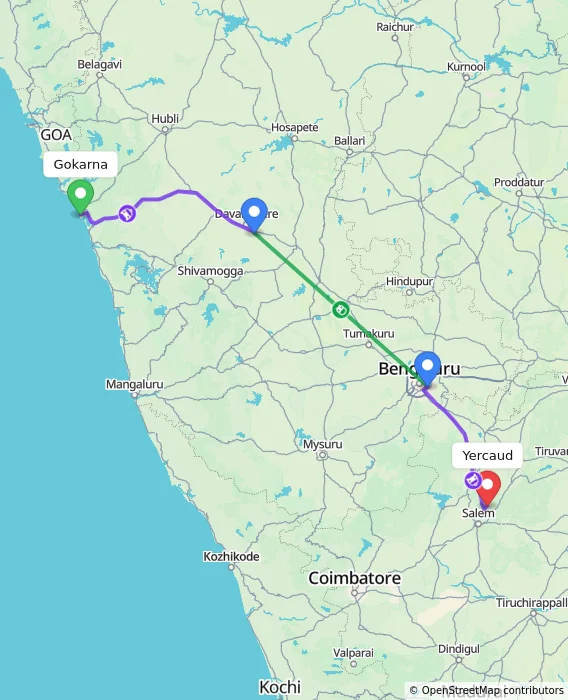 Route map showing distance and travel time from Gokarna, India to Yercaud, India
