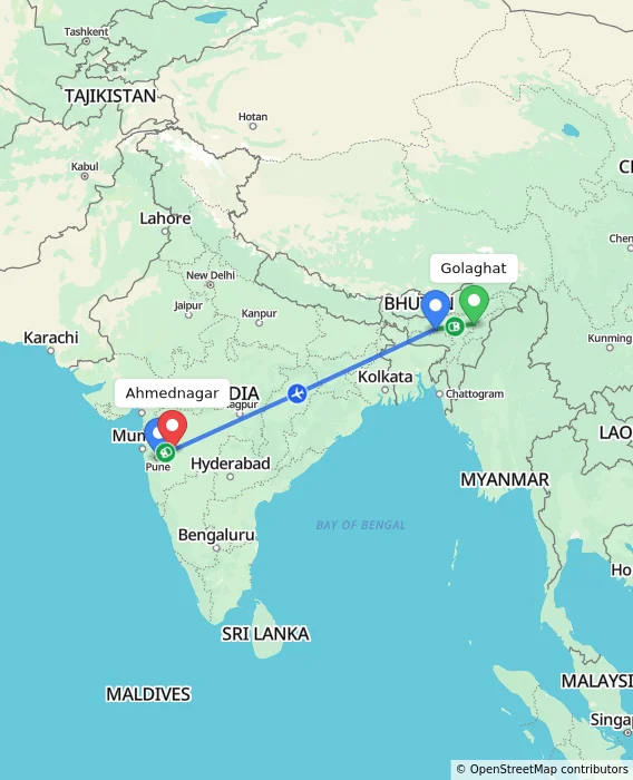 Route map showing distance and travel time from Golaghat, India to Ahmednagar, India