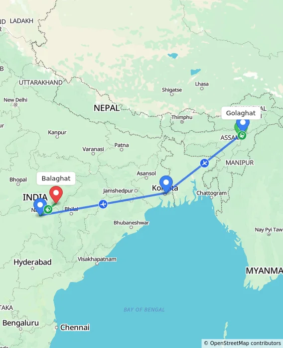 Route map showing distance and travel time from Golaghat, India to Balaghat, India