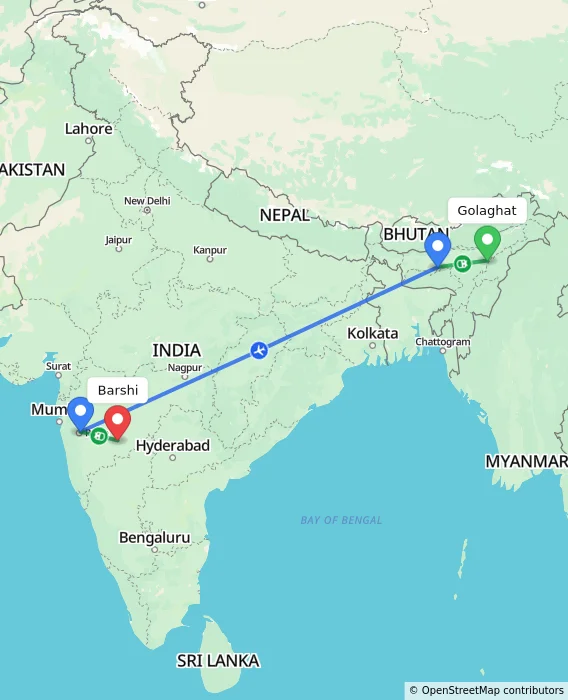 Route map showing distance and travel time from Golaghat, India to Barshi, India