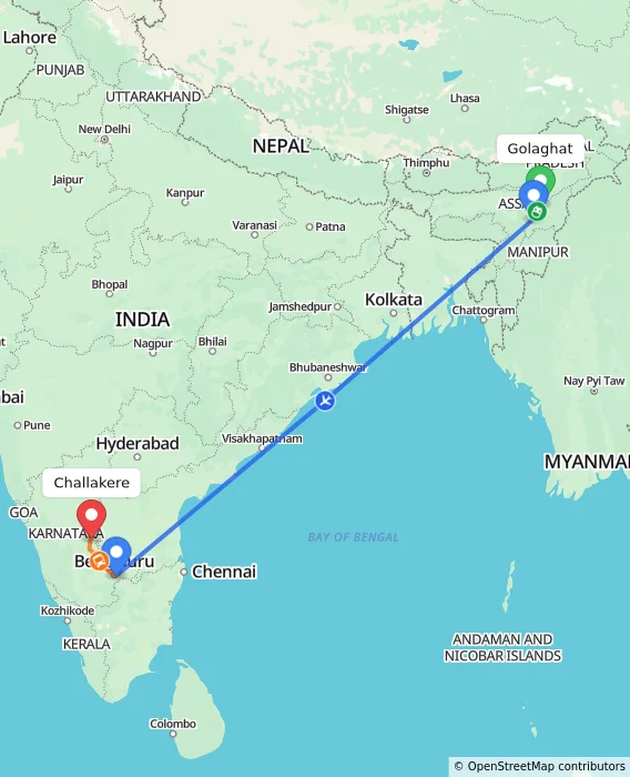 Route map showing distance and travel time from Golaghat, India to Challakere, India