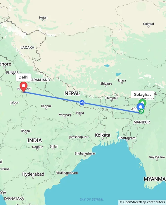 Route map showing distance and travel time from Golaghat, India to Delhi, India