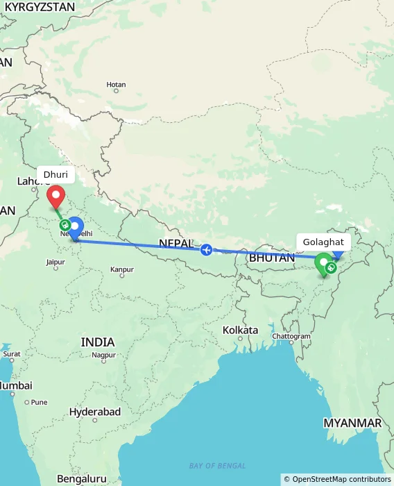 Route map showing distance and travel time from Golaghat, India to Dhuri, India