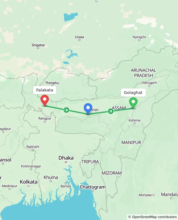 Route map showing distance and travel time from Golaghat, India to Falakata, India