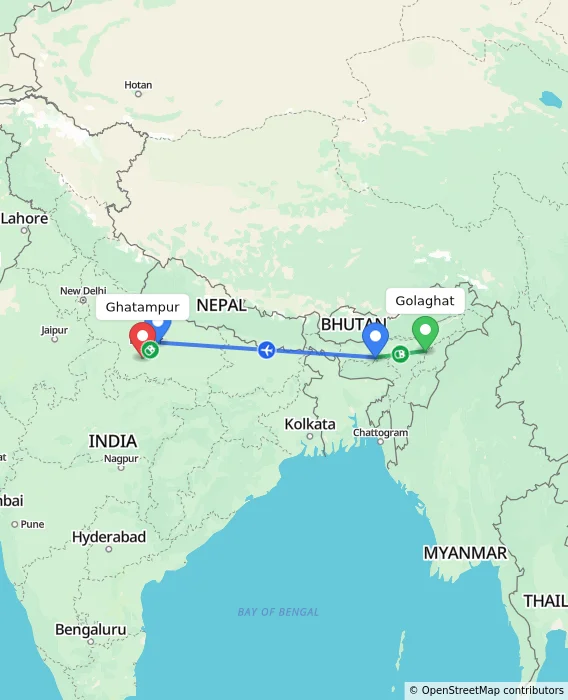 Route map showing distance and travel time from Golaghat, India to Ghatampur, India