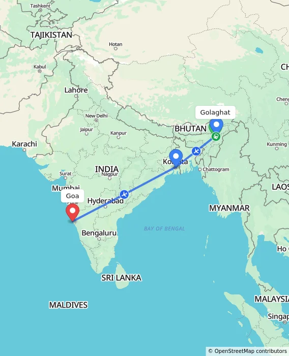 Route map showing distance and travel time from Golaghat, India to Goa, India