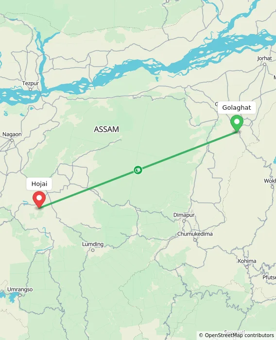 Route map showing distance and travel time from Golaghat, India to Hojai, India