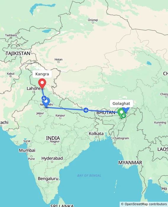 Route map showing distance and travel time from Golaghat, India to Kangra, India