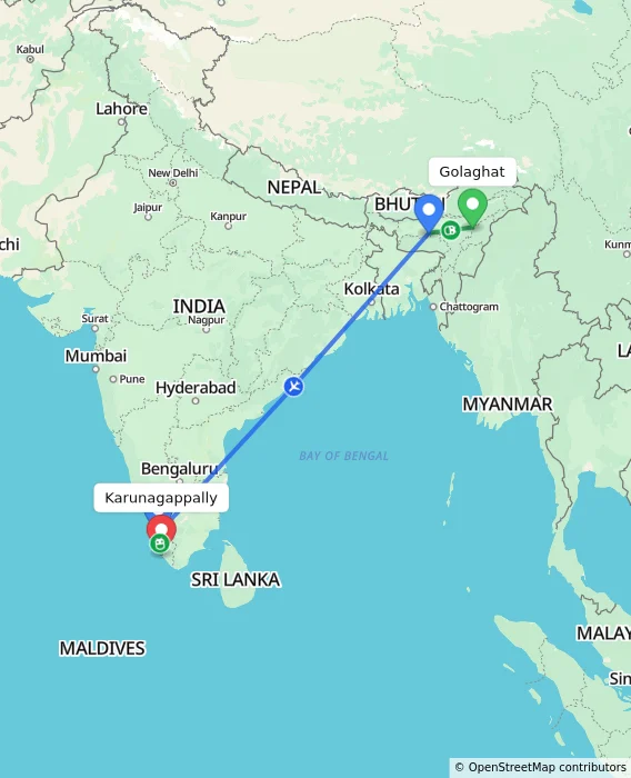 Route map showing distance and travel time from Golaghat, India to Karunagappally, India