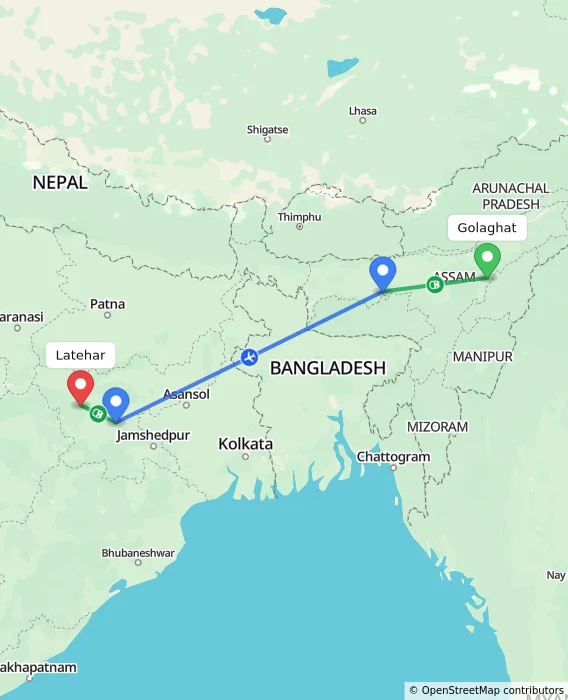 Route map showing distance and travel time from Golaghat, India to Latehar, India