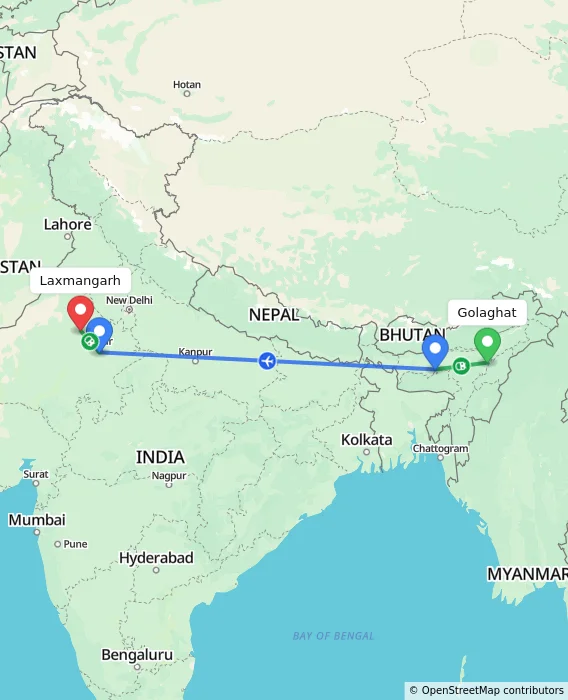 Route map showing distance and travel time from Golaghat, India to Laxmangarh, India