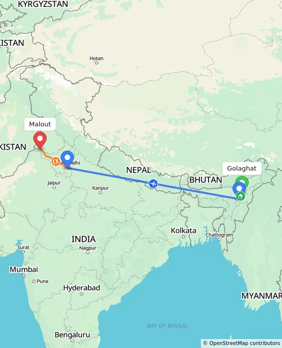 Route map showing distance and travel time from Golaghat, India to Malout, India