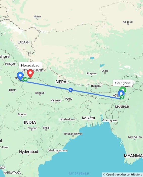 Route map showing distance and travel time from Golaghat, India to Moradabad, India
