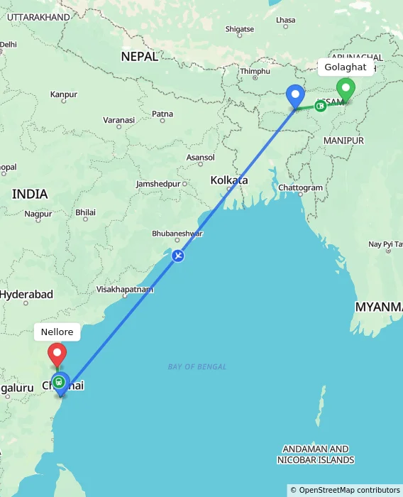 Route map showing distance and travel time from Golaghat, India to Nellore, India