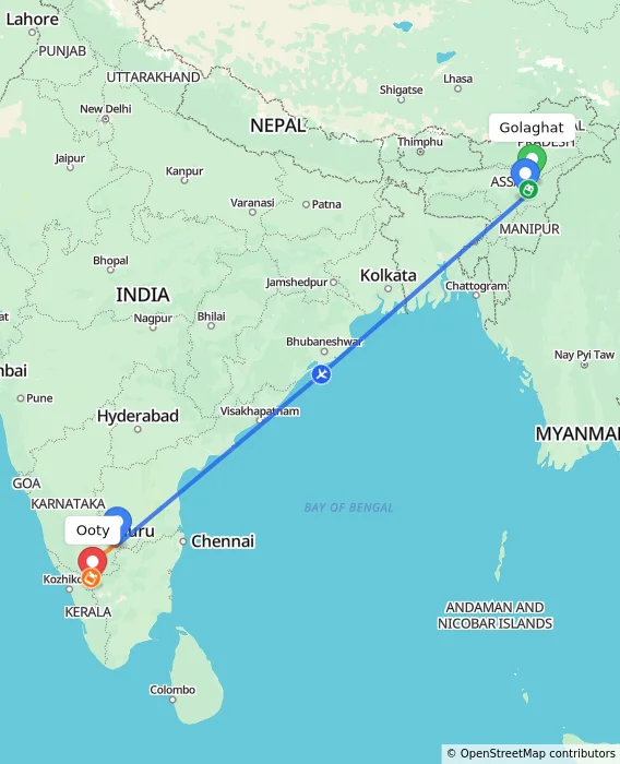 Route map showing distance and travel time from Golaghat, India to Ooty, India