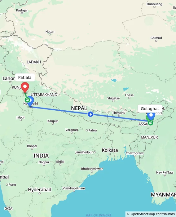 Route map showing distance and travel time from Golaghat, India to Patiala, India