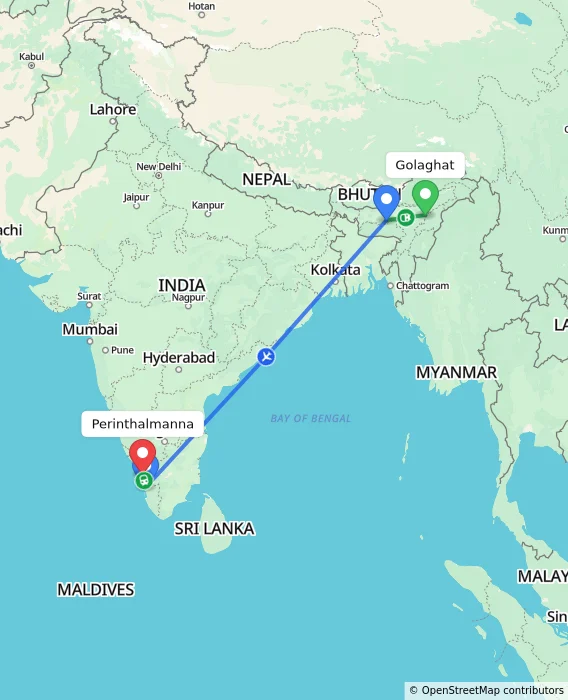 Route map showing distance and travel time from Golaghat, India to Perinthalmanna, India
