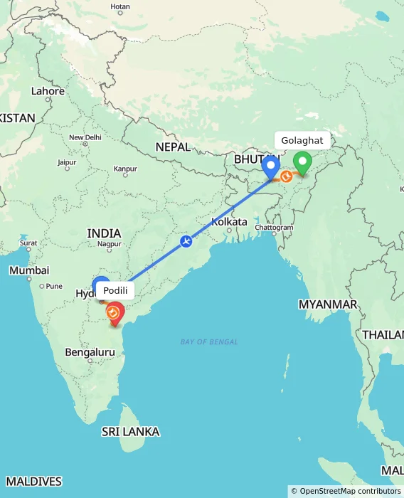 Route map showing distance and travel time from Golaghat, India to Podili, India