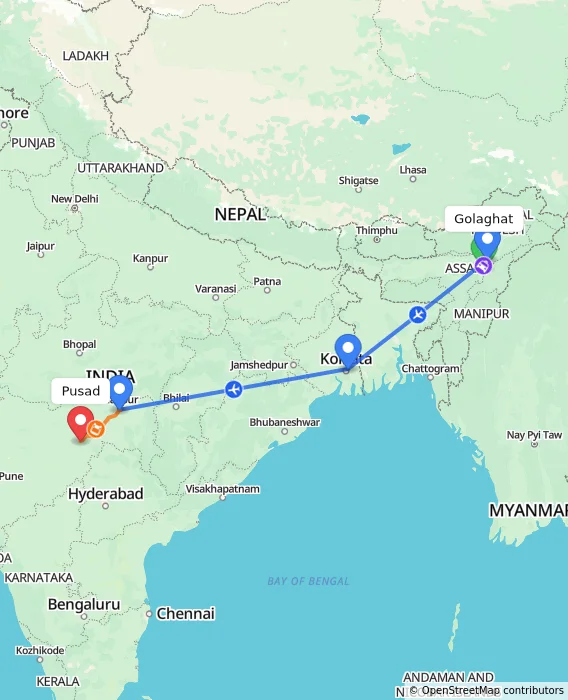 Route map showing distance and travel time from Golaghat, India to Pusad, India