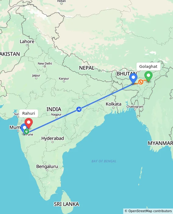 Route map showing distance and travel time from Golaghat, India to Rahuri, India