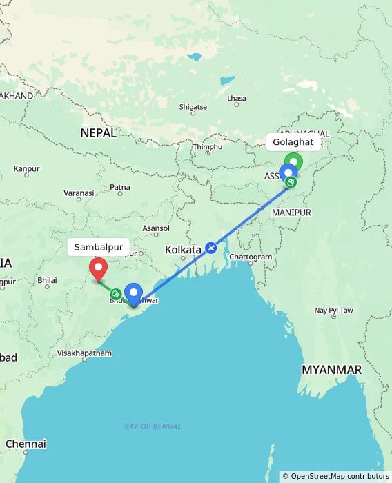 Route map showing distance and travel time from Golaghat, India to Sambalpur, India