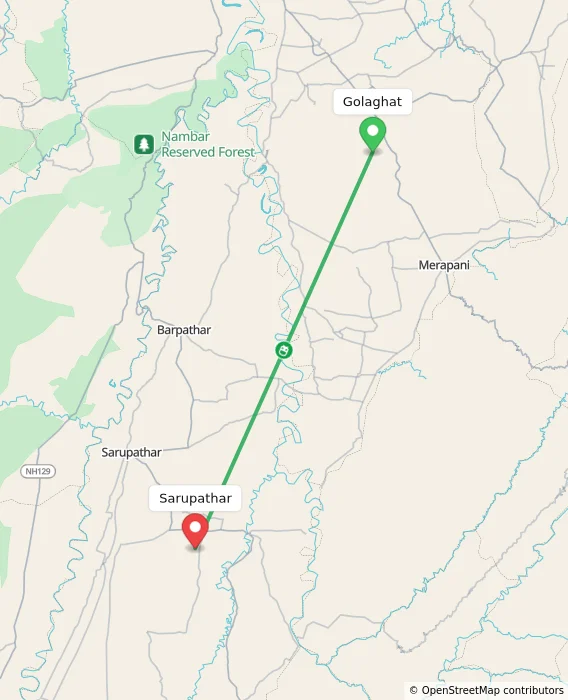 Route map showing distance and travel time from Golaghat, India to Sarupathar, India