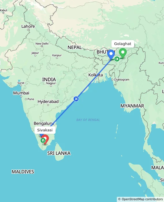Route map showing distance and travel time from Golaghat, India to Sivakasi, India