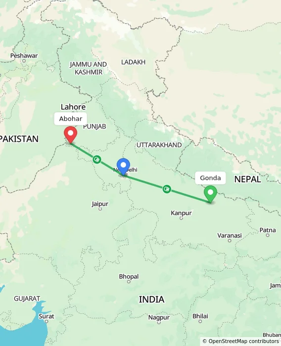 Route map showing distance and travel time from Gonda, India to Abohar, India