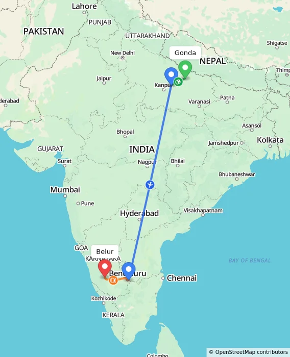 Route map showing distance and travel time from Gonda, India to Belur, India