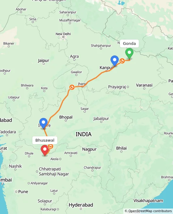 Route map showing distance and travel time from Gonda, India to Bhusawal, India
