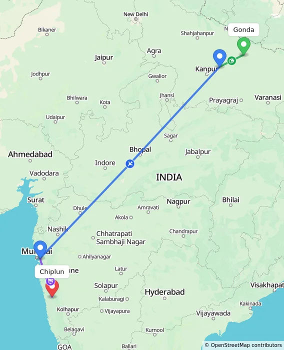Route map showing distance and travel time from Gonda, India to Chiplun, India