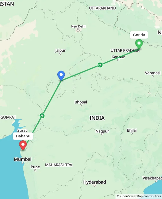 Route map showing distance and travel time from Gonda, India to Dahanu, India