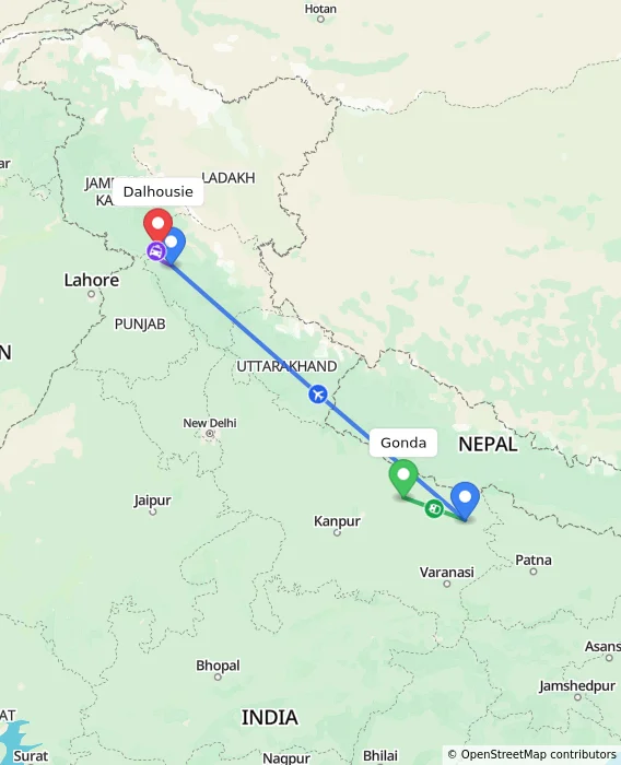 Route map showing distance and travel time from Gonda, India to Dalhousie, India