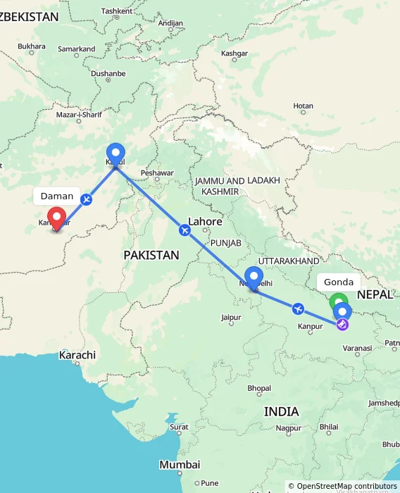Route map showing distance and travel time from Gonda, India to Daman, Afghanistan