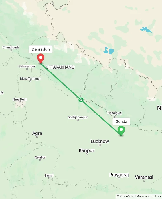 Route map showing distance and travel time from Gonda, India to Dehradun, India
