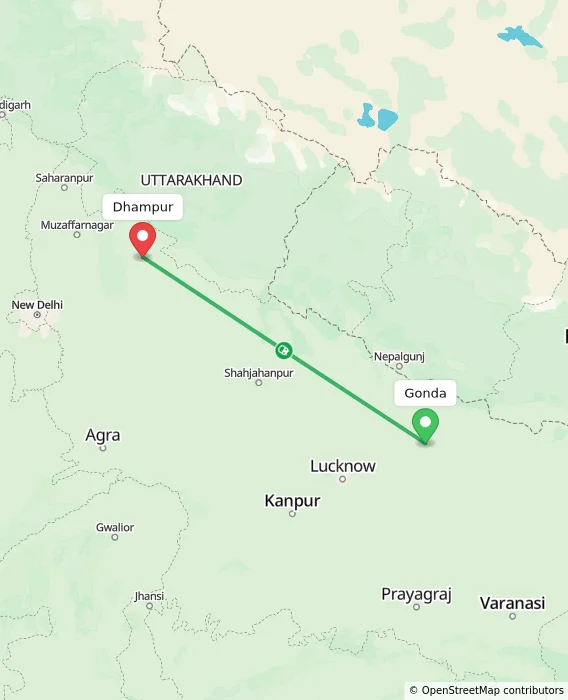 Route map showing distance and travel time from Gonda, India to Dhampur, India