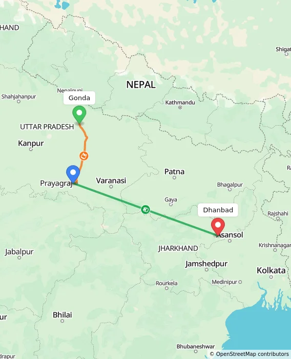 Route map showing distance and travel time from Gonda, India to Dhanbad, India