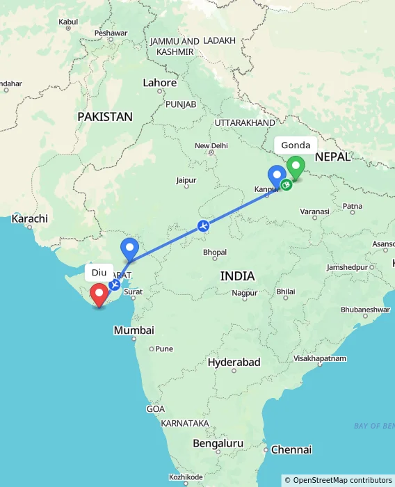 Route map showing distance and travel time from Gonda, India to Diu, India