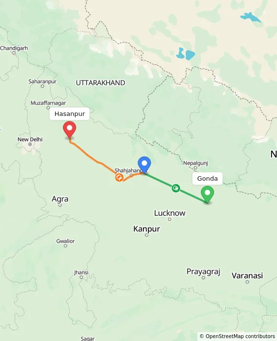 Route map showing distance and travel time from Gonda, India to Hasanpur, India
