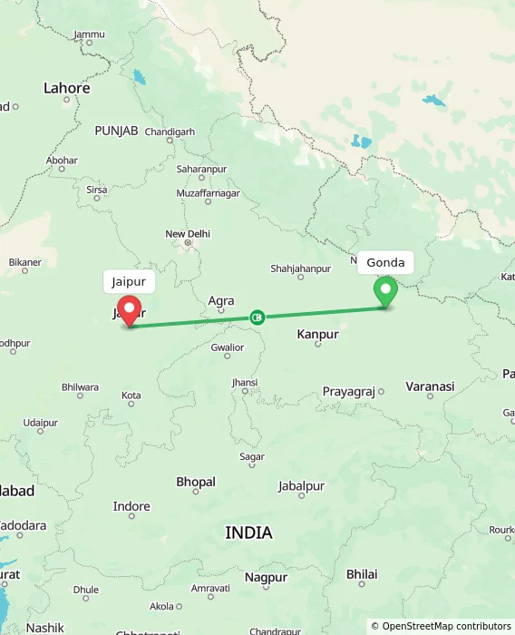 Route map showing distance and travel time from Gonda, India to Jaipur, India