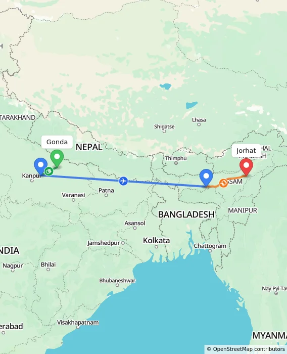 Route map showing distance and travel time from Gonda, India to Jorhat, India