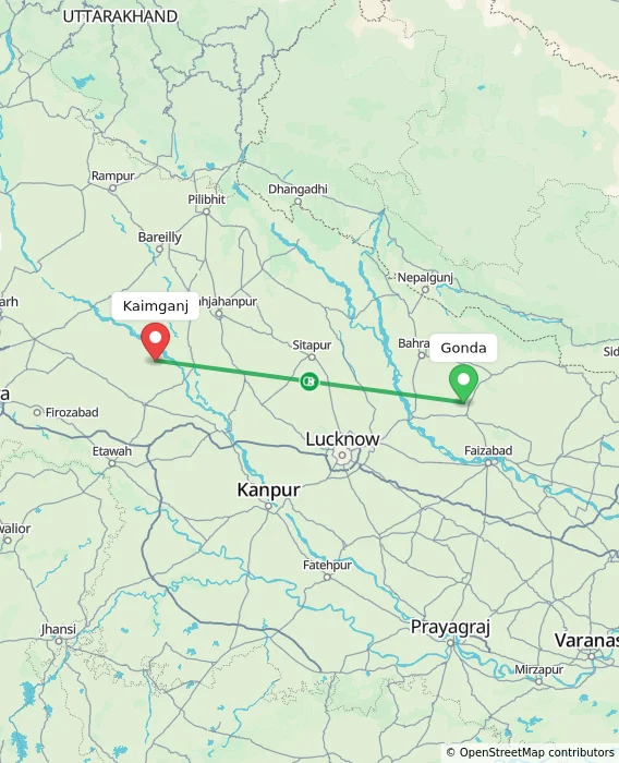 Route map showing distance and travel time from Gonda, India to Kaimganj, India