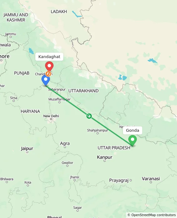 Route map showing distance and travel time from Gonda, India to Kandaghat, India